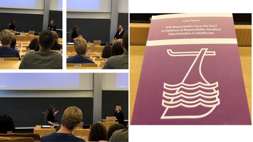 Lydia Tsiakiri during her defence with the members of the Assessment committee. From top left: Lydia Tsiakiri with Associate professor Viki Lyngby Hvid (CEPDISC), Lydia with Professor Ben Davies (University of Sheffield) and Lydia together with Professor Eli Feiring (Oslo University)  