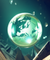 Luminous sphere with a map of Europe floating in an abstract, dark environment.