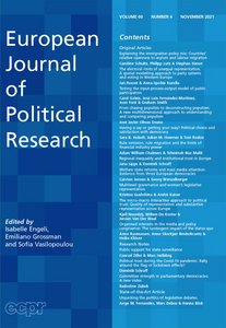 Cover of European Journal of Political Research as pictured on: https://ejpr.onlinelibrary.wiley.com/toc/14756765/2021/0/0 -Online Version of Record before inclusion in an issue, 