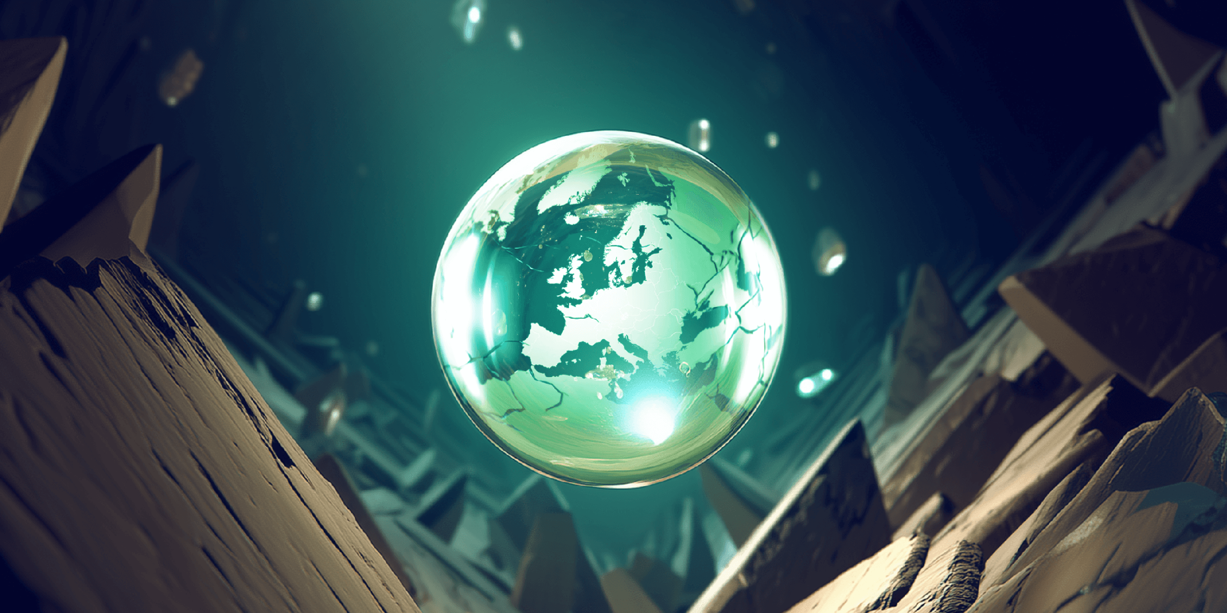 Luminous sphere with a map of Europe floating in an abstract, dark environment.
